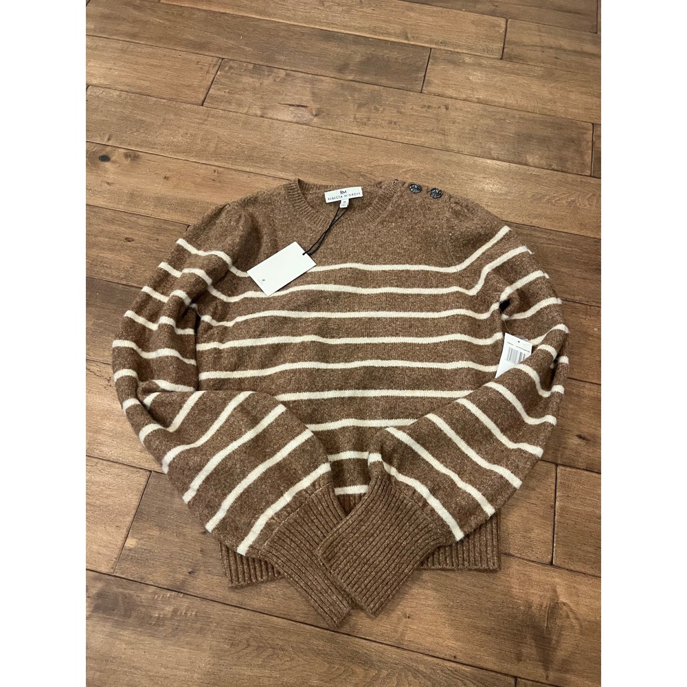 Rebecca Minkoff Brown Striped Puff Shoulder Button Accent Sweater NWT 7RMD8065J - Picture 2 of 7